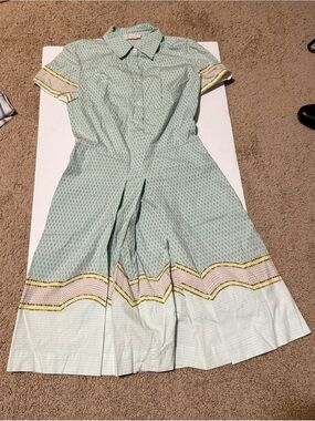 Tory Burch Mint Green Short-Sleeve Collared Midi Dress with Yellow Trim